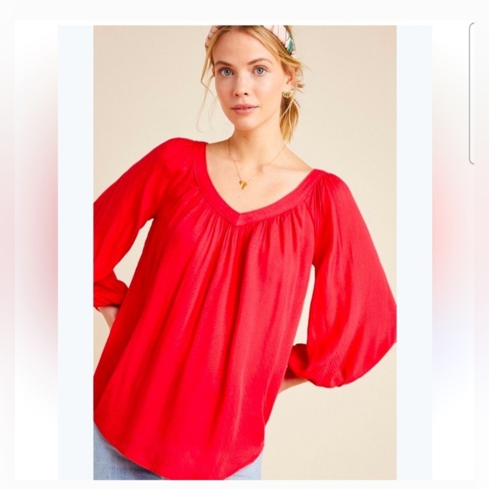 Maeve Anthropologie Red Romantic Feminine  Flowy Peasant Puff‎ Sleeve Top Size 0